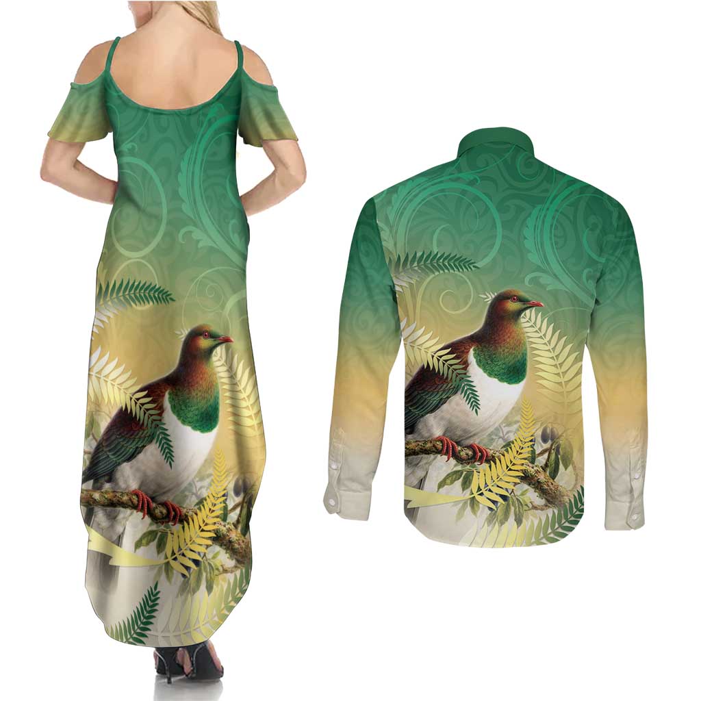 New Zealand Pigeon Kereru Couples Matching Summer Maxi Dress and Long Sleeve Button Shirt Maori Fern Art Green Gradient LT05 - Polynesian Pride
