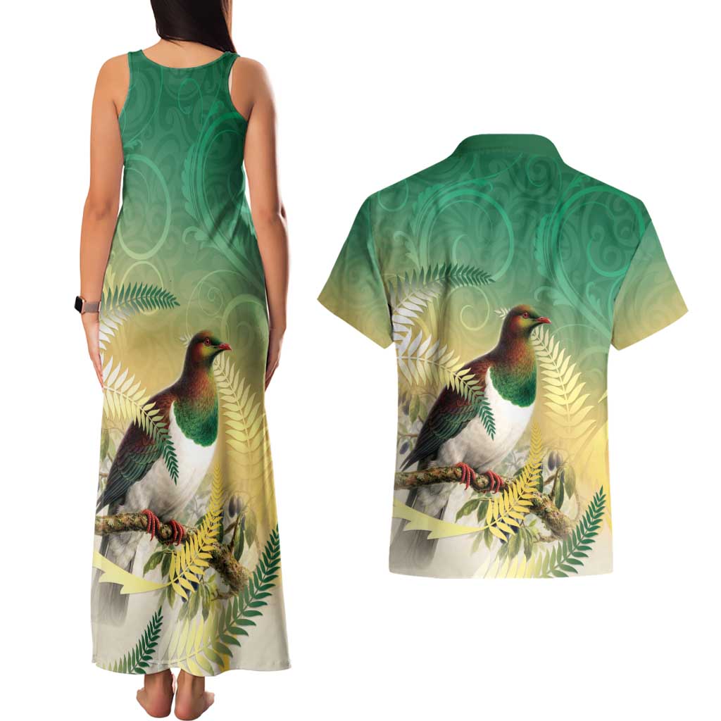 New Zealand Pigeon Kereru Couples Matching Tank Maxi Dress and Hawaiian Shirt Maori Fern Art Green Gradient LT05 - Polynesian Pride