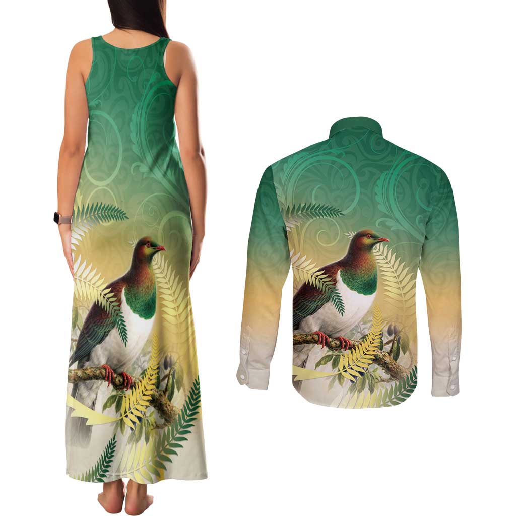 New Zealand Pigeon Kereru Couples Matching Tank Maxi Dress and Long Sleeve Button Shirt Maori Fern Art Green Gradient LT05 - Polynesian Pride