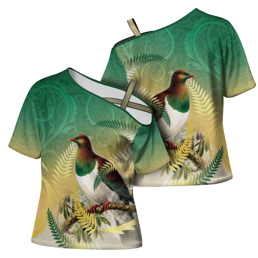 New Zealand Pigeon Kereru Cross Shoulder Shirt Maori Fern Art Green Gradient - Polynesian Pride
