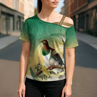 New Zealand Pigeon Kereru Cross Shoulder Shirt Maori Fern Art Green Gradient - Polynesian Pride