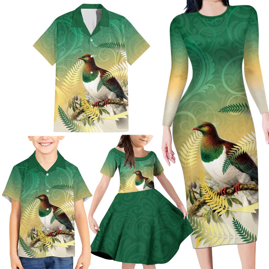 New Zealand Pigeon Kereru Family Matching Long Sleeve Bodycon Dress and Hawaiian Shirt Maori Fern Art Green Gradient LT05 - Polynesian Pride