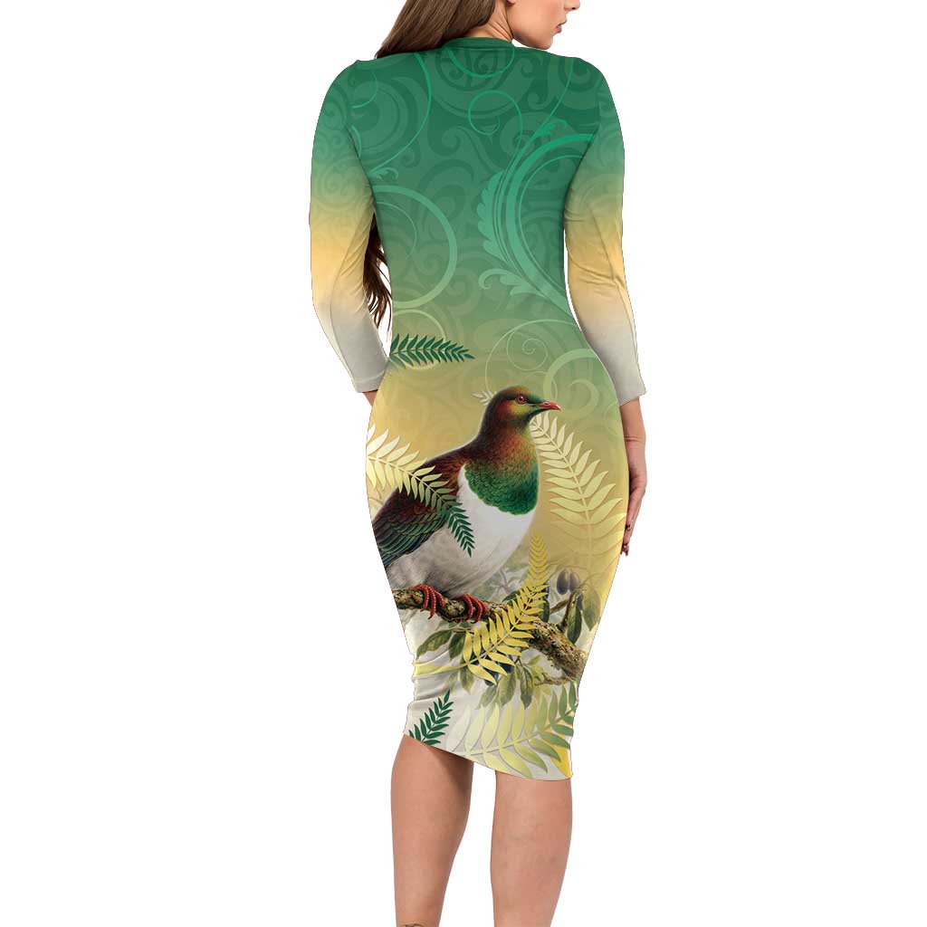 New Zealand Pigeon Kereru Family Matching Long Sleeve Bodycon Dress and Hawaiian Shirt Maori Fern Art Green Gradient LT05 - Polynesian Pride