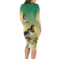 New Zealand Pigeon Kereru Family Matching Long Sleeve Bodycon Dress and Hawaiian Shirt Maori Fern Art Green Gradient LT05 - Polynesian Pride