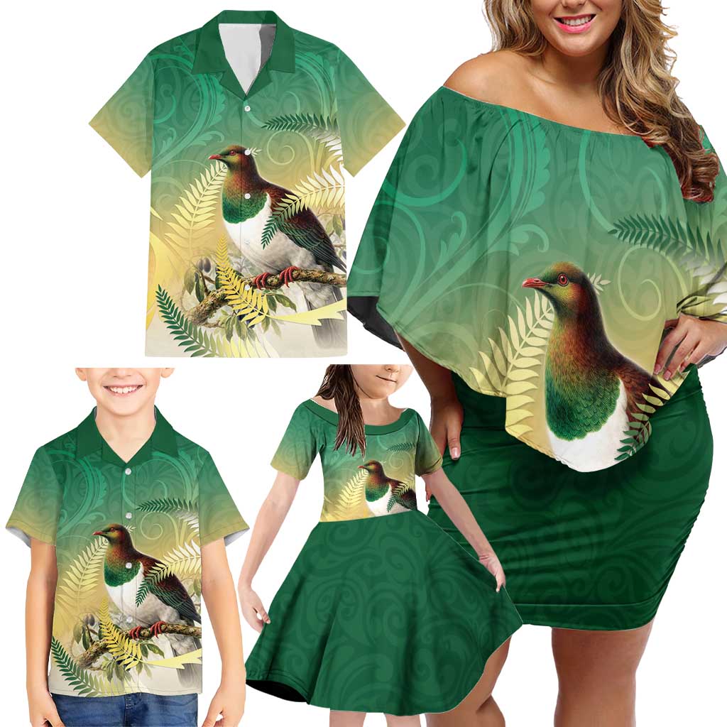 New Zealand Pigeon Kereru Family Matching Off Shoulder Short Dress and Hawaiian Shirt Maori Fern Art Green Gradient LT05 - Polynesian Pride