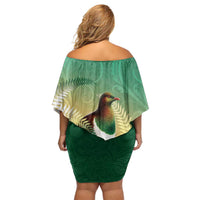 New Zealand Pigeon Kereru Family Matching Off Shoulder Short Dress and Hawaiian Shirt Maori Fern Art Green Gradient LT05 - Polynesian Pride