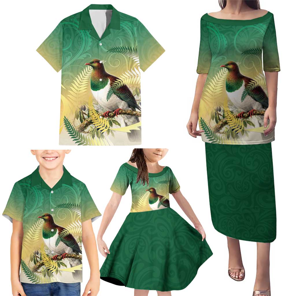 New Zealand Pigeon Kereru Family Matching Puletasi and Hawaiian Shirt Maori Fern Art Green Gradient LT05 - Polynesian Pride