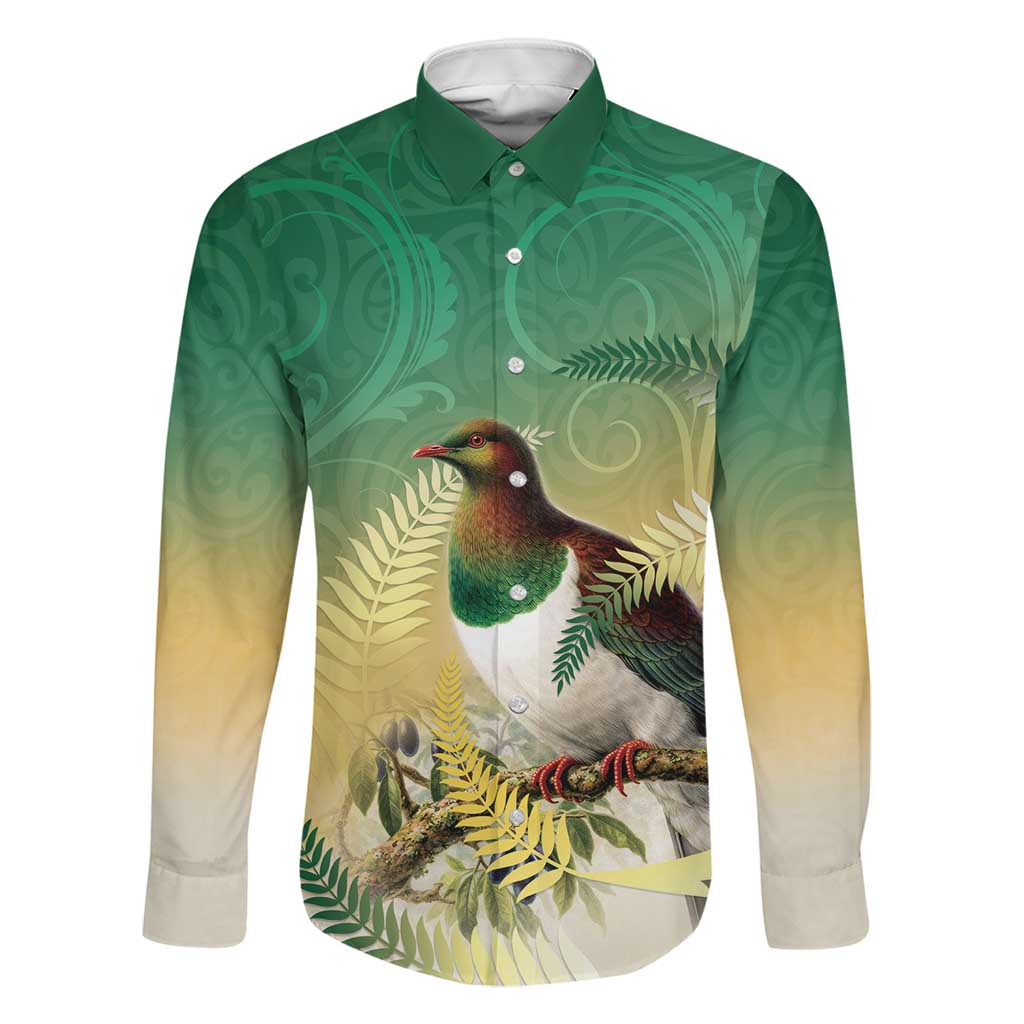 New Zealand Pigeon Kereru Family Matching Puletasi and Hawaiian Shirt Maori Fern Art Green Gradient LT05 Dad's Shirt - Long Sleeve Green - Polynesian Pride