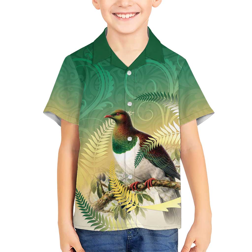 New Zealand Pigeon Kereru Family Matching Puletasi and Hawaiian Shirt Maori Fern Art Green Gradient LT05 Son's Shirt Green - Polynesian Pride
