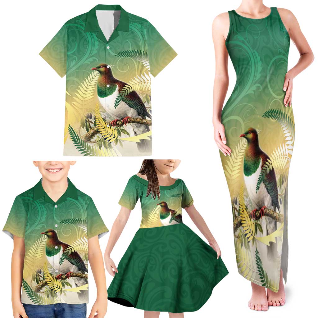 New Zealand Pigeon Kereru Family Matching Tank Maxi Dress and Hawaiian Shirt Maori Fern Art Green Gradient - Polynesian Pride