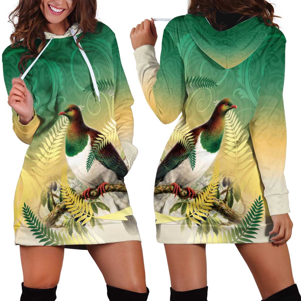 New Zealand Pigeon Kereru Hoodie Dress Maori Fern Art Green Gradient LT05 - Polynesian Pride