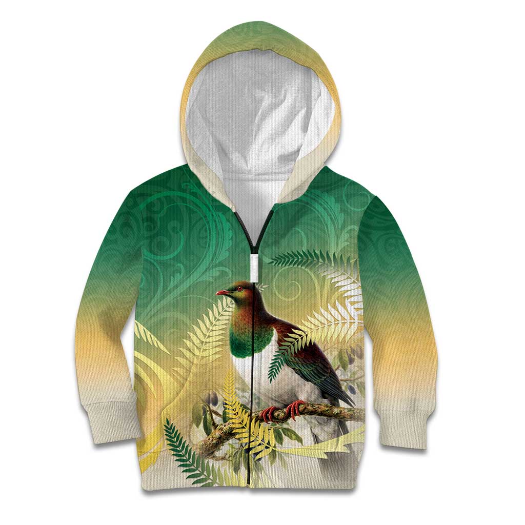 New Zealand Pigeon Kereru Kid Hoodie Maori Fern Art Green Gradient LT05 Zip Hoodie Green - Polynesian Pride