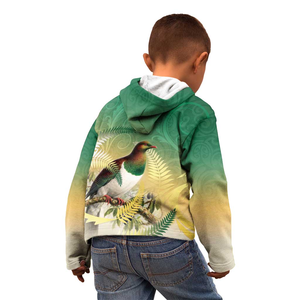 New Zealand Pigeon Kereru Kid Hoodie Maori Fern Art Green Gradient LT05 - Polynesian Pride