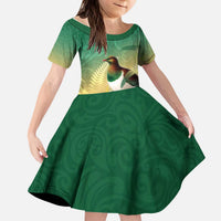 New Zealand Pigeon Kereru Kid Short Sleeve Dress Maori Fern Art Green Gradient LT05 KID Green - Polynesian Pride