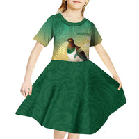 New Zealand Pigeon Kereru Kid Short Sleeve Dress Maori Fern Art Green Gradient LT05 - Polynesian Pride