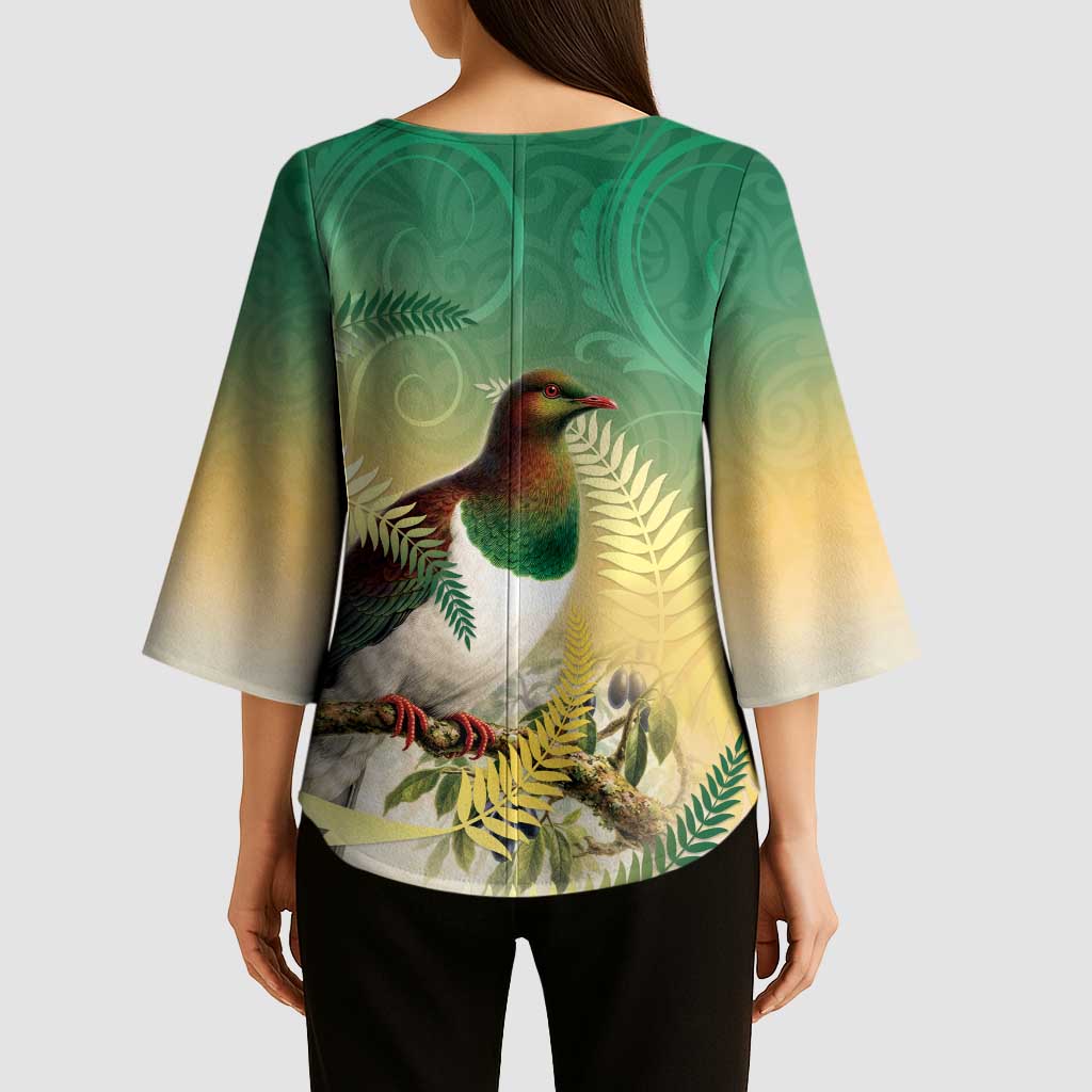 New Zealand Pigeon Kereru Kimono Sleeve Blouse Maori Fern Art Green Gradient - Polynesian Pride
