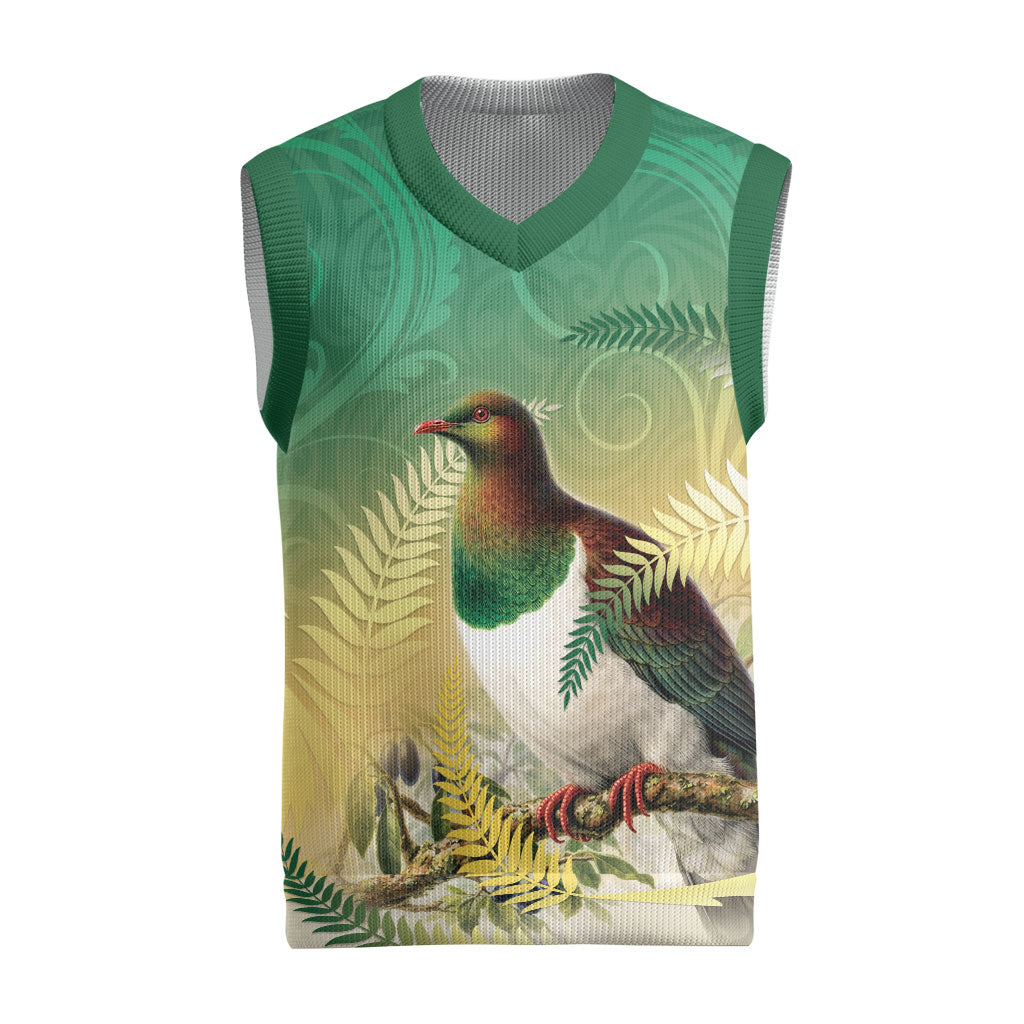 New Zealand Pigeon Kereru Christmas Knitted V-Neck Vest Maori Fern Art Green Gradient LT05 Green - Polynesian Pride