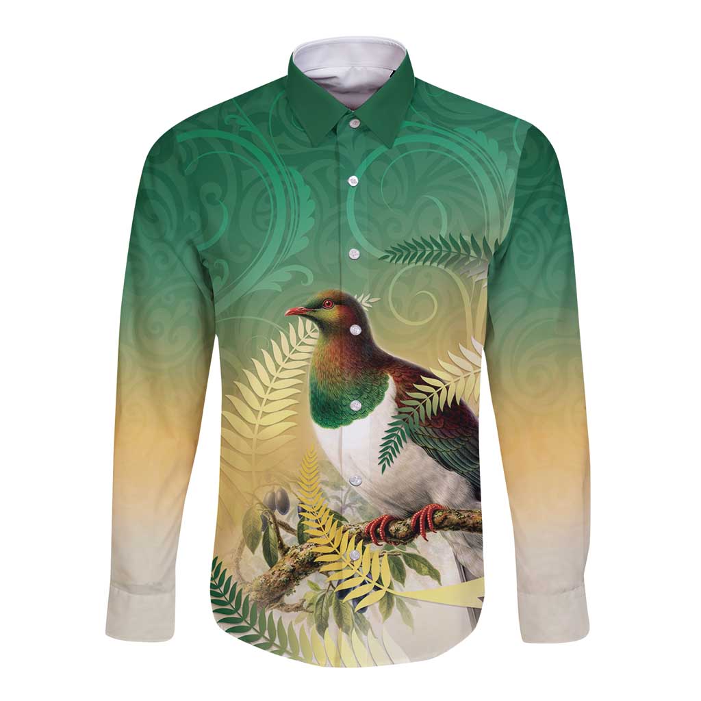 New Zealand Pigeon Kereru Long Sleeve Button Shirt Maori Fern Art Green Gradient - Polynesian Pride