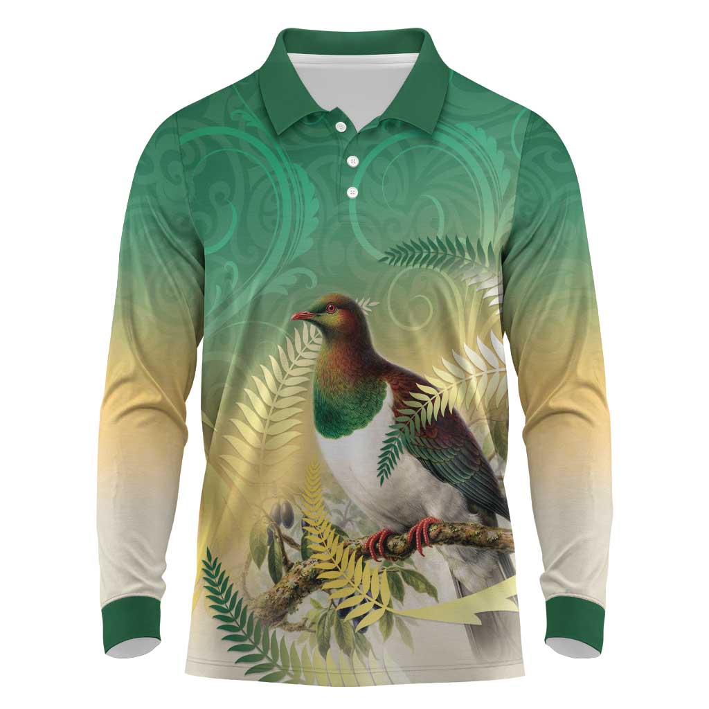 New Zealand Pigeon Kereru Long Sleeve Polo Shirt Maori Fern Art Green Gradient LT05 Green - Polynesian Pride