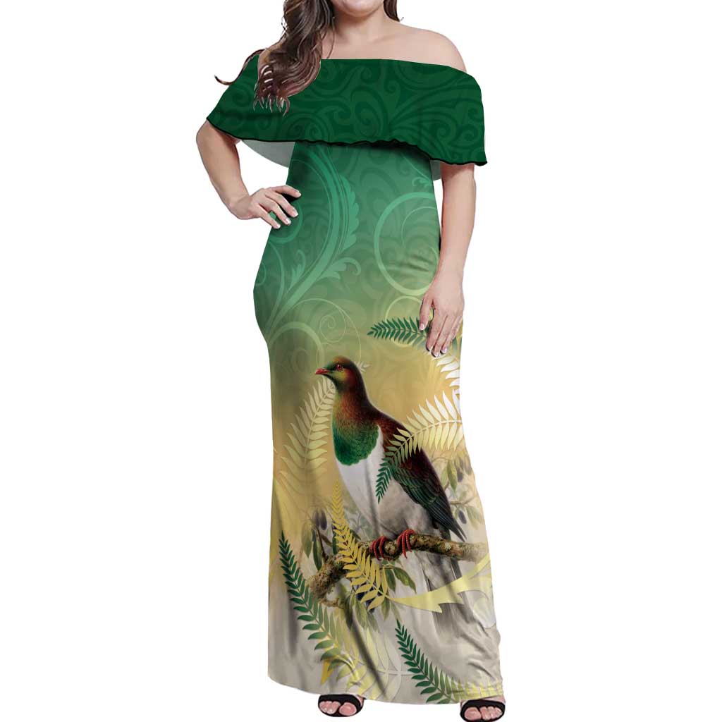 New Zealand Pigeon Kereru Off Shoulder Maxi Dress Maori Fern Art Green Gradient - Polynesian Pride