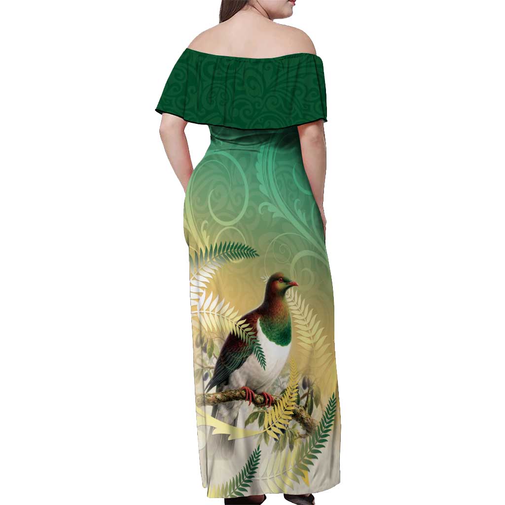 New Zealand Pigeon Kereru Off Shoulder Maxi Dress Maori Fern Art Green Gradient - Polynesian Pride