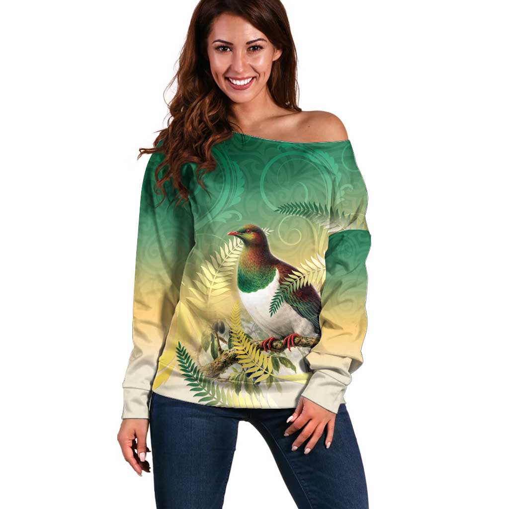 New Zealand Pigeon Kereru Off Shoulder Sweater Maori Fern Art Green Gradient - Polynesian Pride