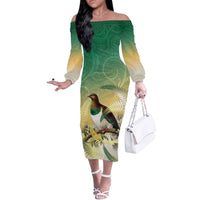 New Zealand Pigeon Kereru Off The Shoulder Long Sleeve Dress Maori Fern Art Green Gradient LT05 Women Green - Polynesian Pride