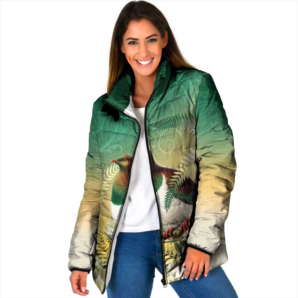 New Zealand Pigeon Kereru Padded Jacket Maori Fern Art Green Gradient - Polynesian Pride