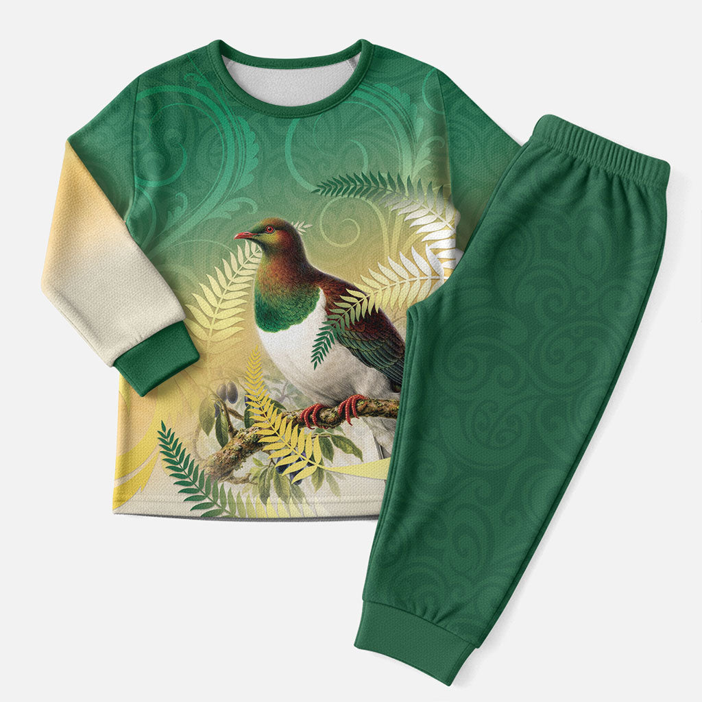 New Zealand Pigeon Kereru Christmas Pajama Set Maori Fern Art Green Gradient LT05 Men Green - Polynesian Pride