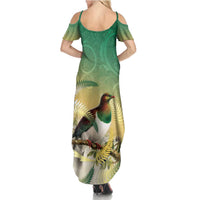 New Zealand Pigeon Kereru Summer Maxi Dress Maori Fern Art Green Gradient - Polynesian Pride