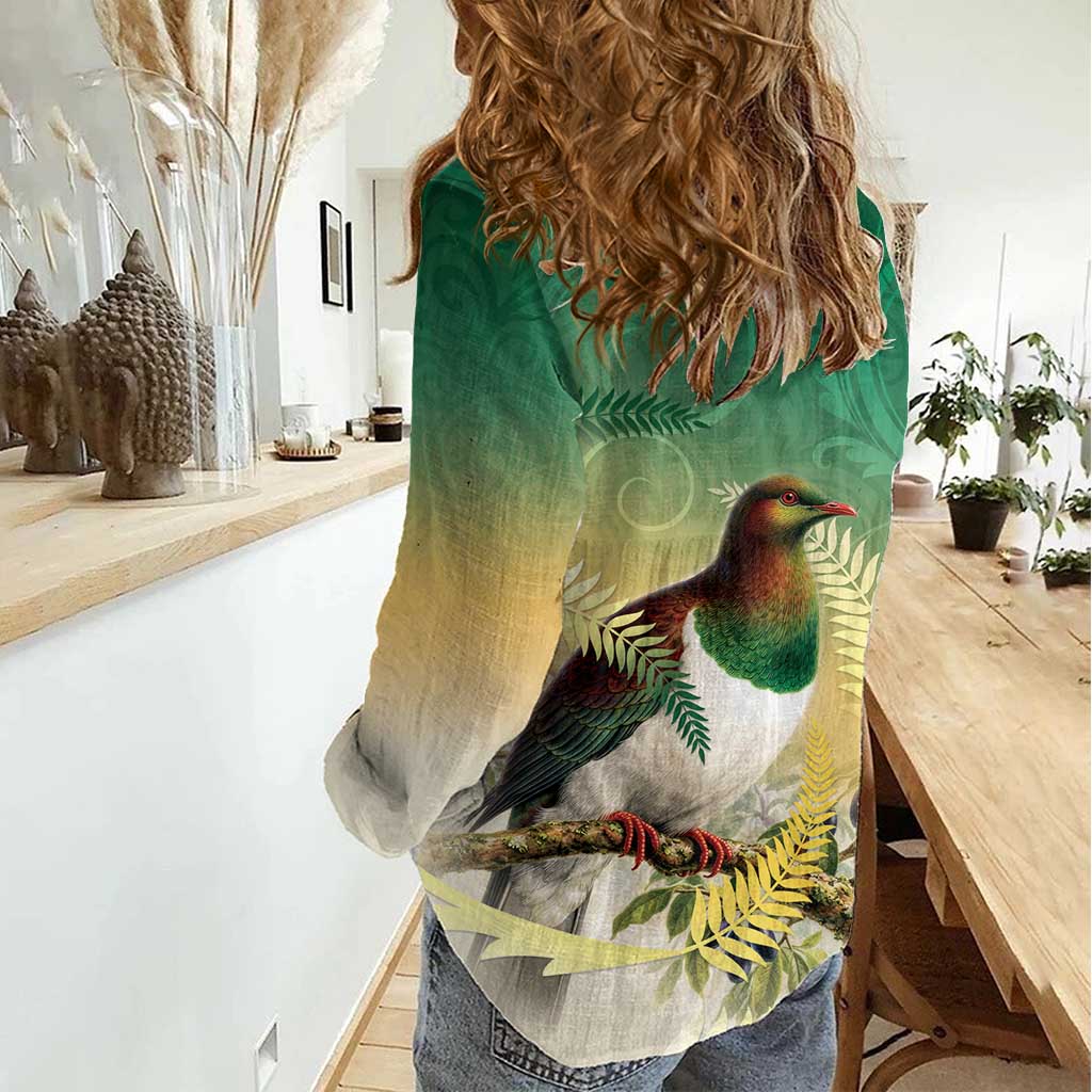 New Zealand Pigeon Kereru Women Casual Shirt Maori Fern Art Green Gradient LT05 - Polynesian Pride