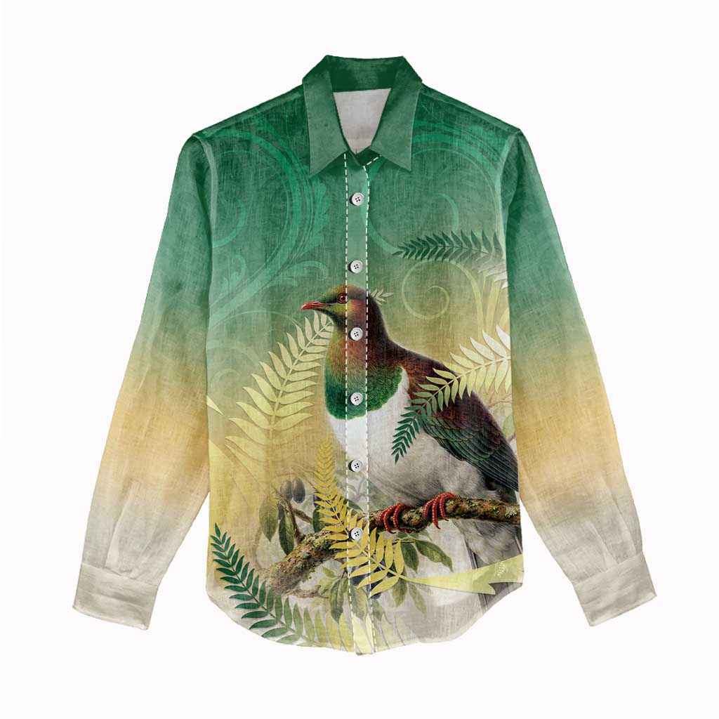 New Zealand Pigeon Kereru Women Casual Shirt Maori Fern Art Green Gradient LT05 - Polynesian Pride