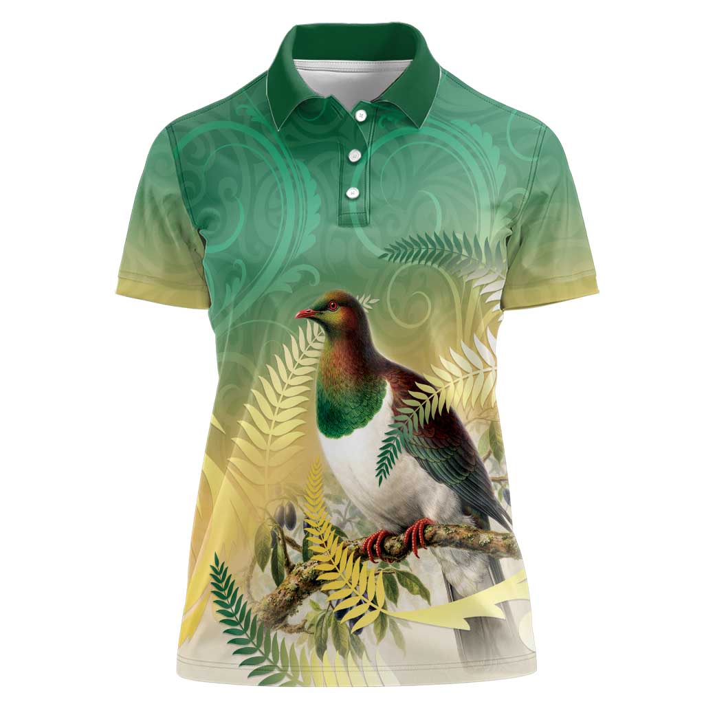 New Zealand Pigeon Kereru Women Polo Shirt Maori Fern Art Green Gradient LT05 Female Green - Polynesian Pride