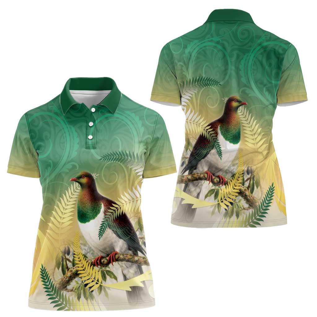New Zealand Pigeon Kereru Women Polo Shirt Maori Fern Art Green Gradient LT05 - Polynesian Pride
