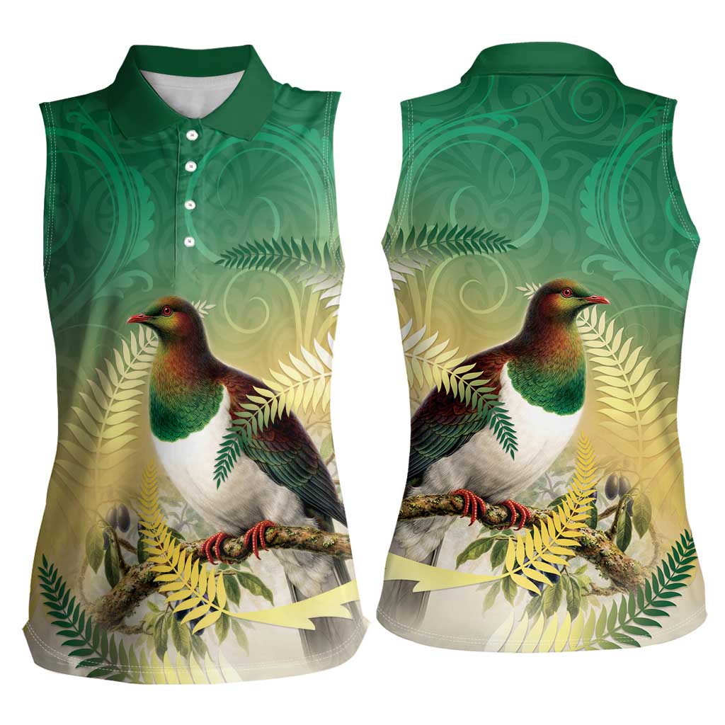 New Zealand Pigeon Kereru Women Sleeveless Polo Shirt Maori Fern Art Green Gradient LT05 - Polynesian Pride