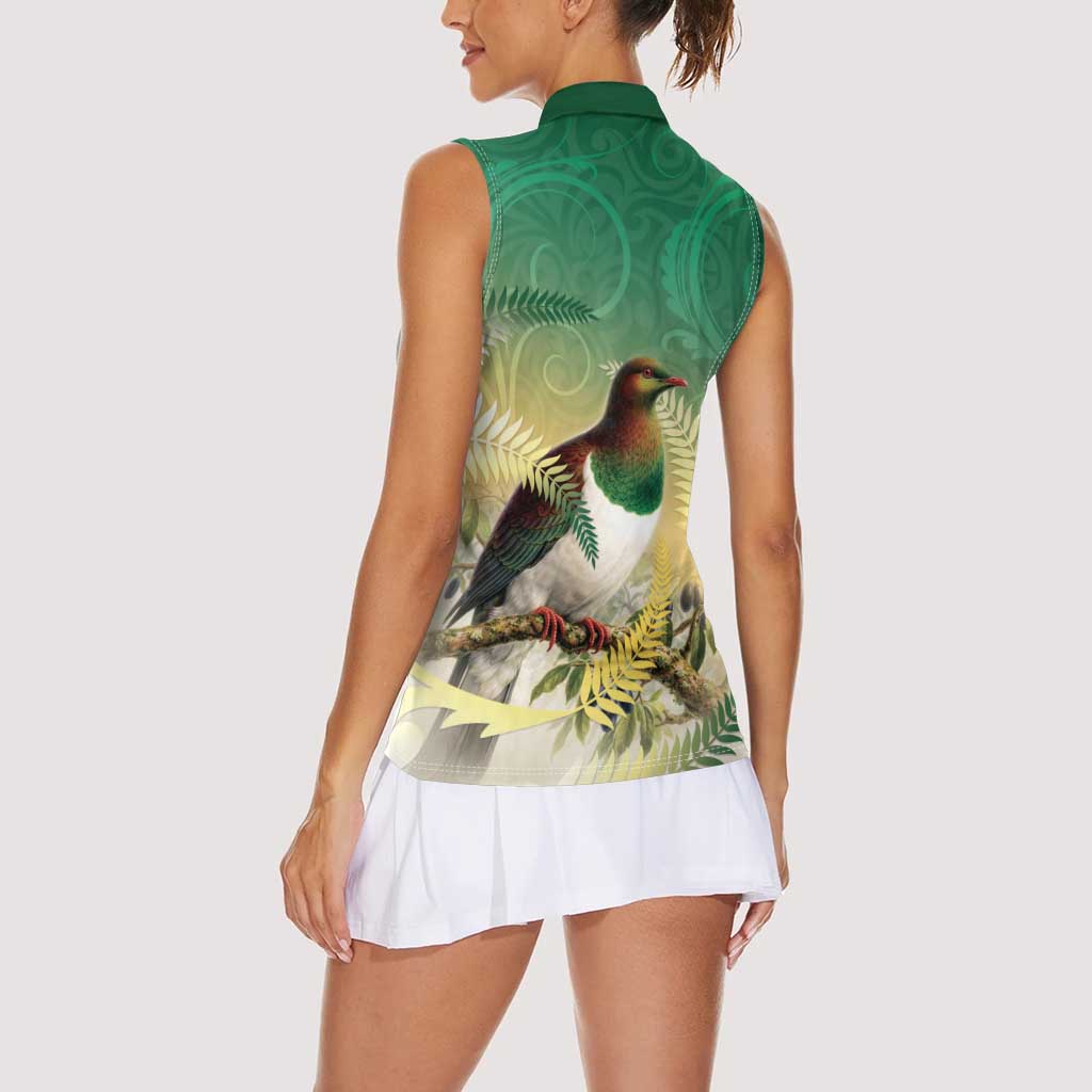 New Zealand Pigeon Kereru Women Sleeveless Polo Shirt Maori Fern Art Green Gradient LT05 - Polynesian Pride