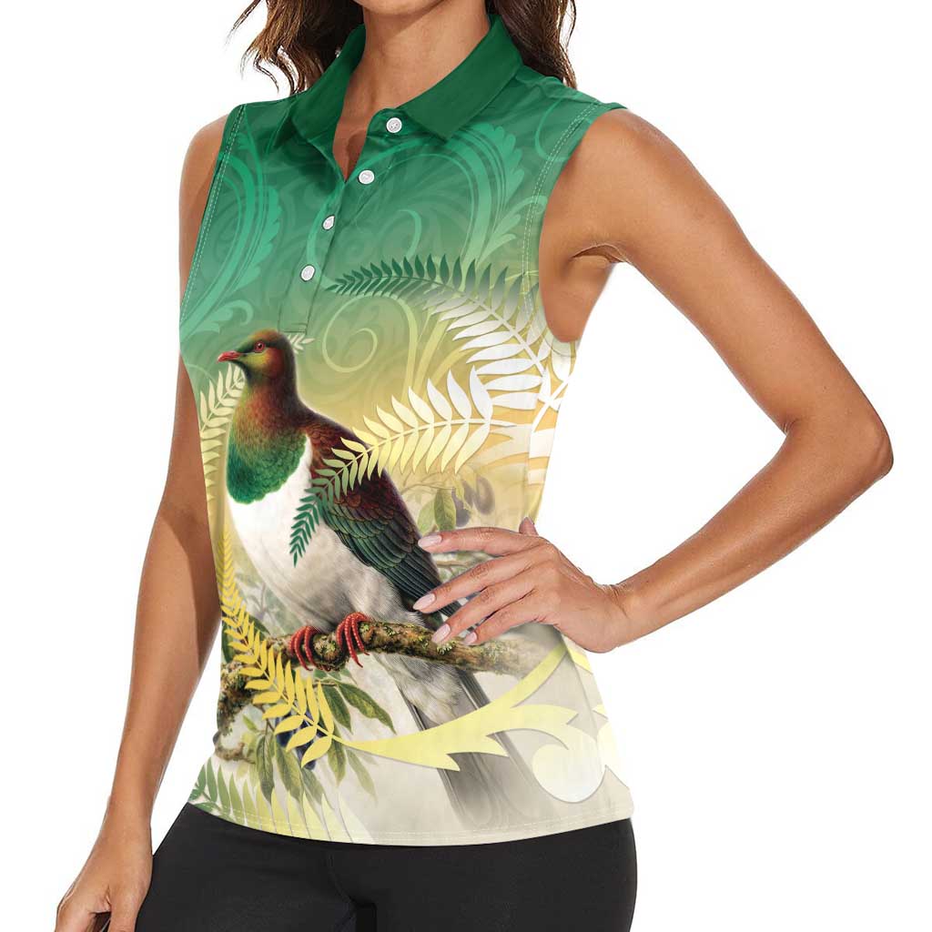 New Zealand Pigeon Kereru Women Sleeveless Polo Shirt Maori Fern Art Green Gradient LT05 - Polynesian Pride