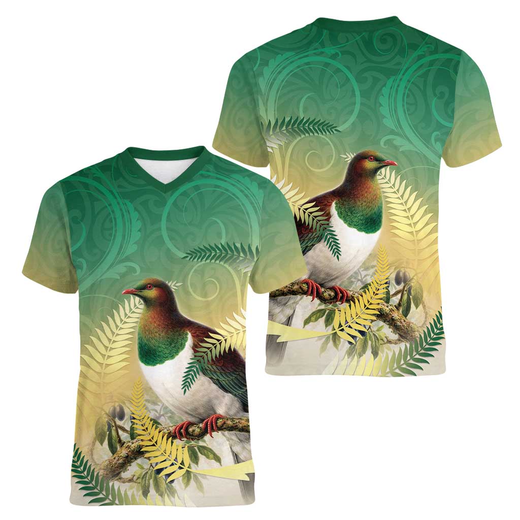 New Zealand Pigeon Kereru Women V-Neck T-Shirt Maori Fern Art Green Gradient LT05 - Polynesian Pride