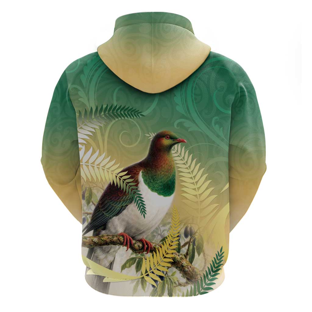 New Zealand Pigeon Kereru Zip Hoodie Maori Fern Art Green Gradient LT05 - Polynesian Pride