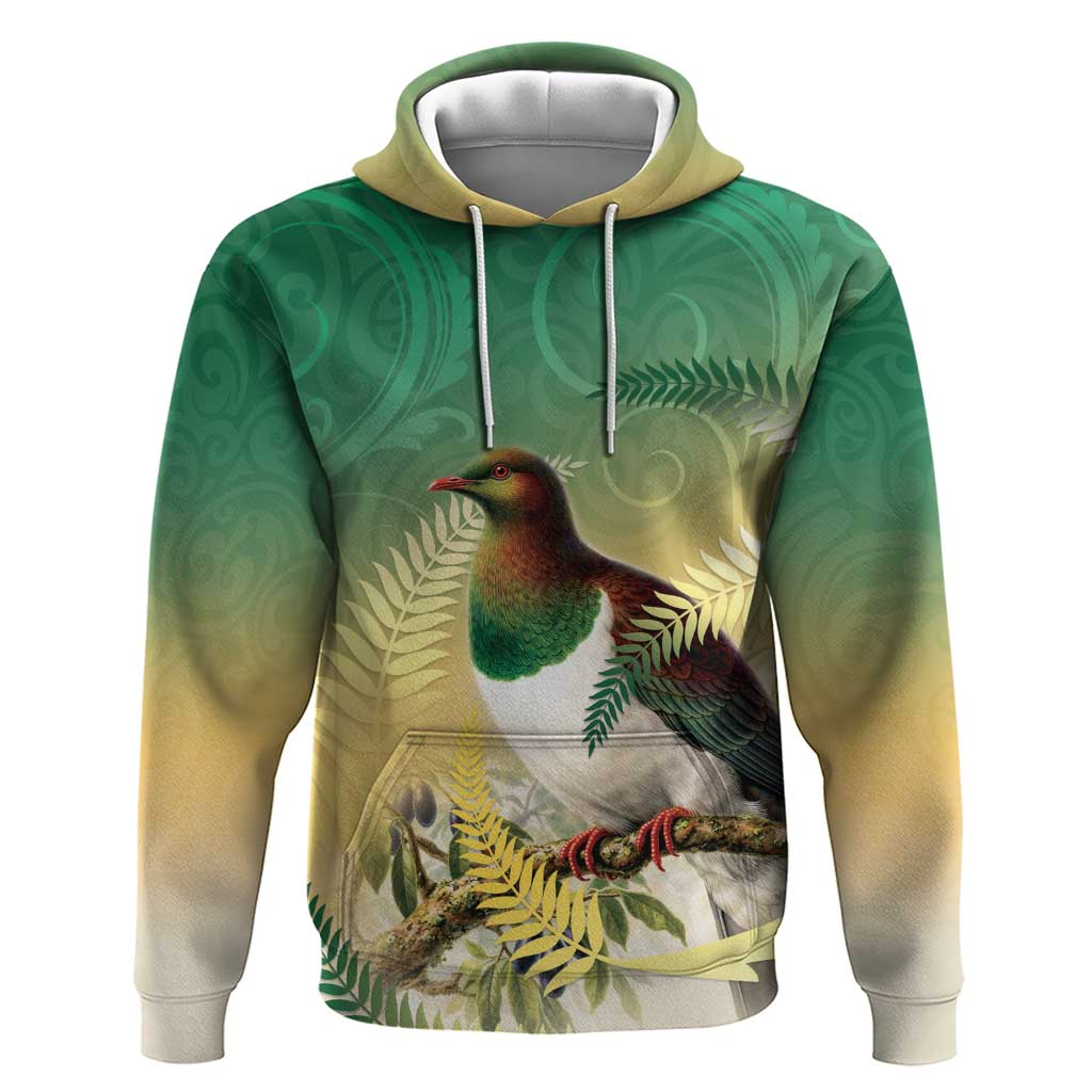 New Zealand Pigeon Kereru Zip Hoodie Maori Fern Art Green Gradient LT05 Pullover Hoodie Green - Polynesian Pride