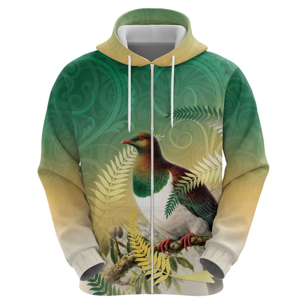 New Zealand Pigeon Kereru Zip Hoodie Maori Fern Art Green Gradient LT05 - Polynesian Pride