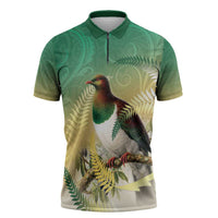 New Zealand Pigeon Kereru Zipper Polo Shirt Maori Fern Art Green Gradient LT05 Green - Polynesian Pride