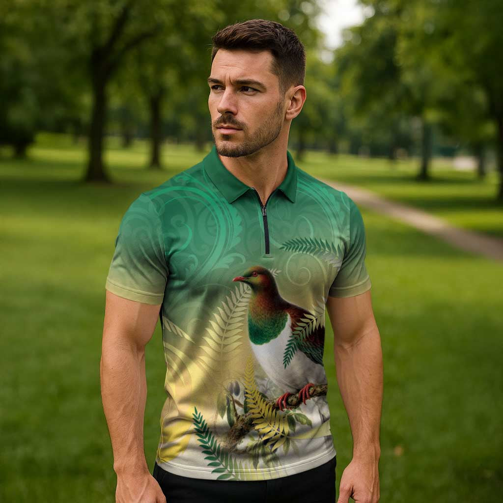 New Zealand Pigeon Kereru Zipper Polo Shirt Maori Fern Art Green Gradient LT05 - Polynesian Pride