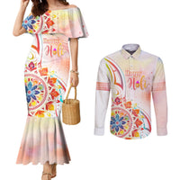 Happy Holi Festival Couples Matching Mermaid Dress and Long Sleeve Button Shirt Rangoli With Polynesian Pattern LT05 White - Polynesian Pride