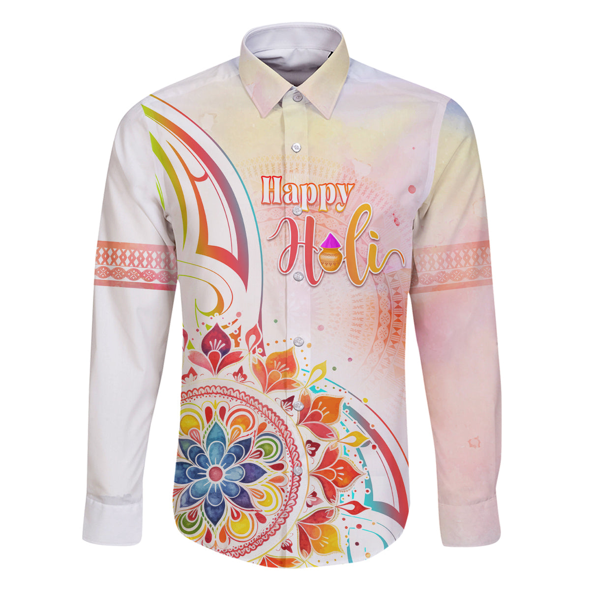 Happy Holi Festival Family Matching Long Sleeve Bodycon Dress and Hawaiian Shirt Rangoli With Polynesian Pattern LT05 Dad's Shirt - Long Sleeve White - Polynesian Pride