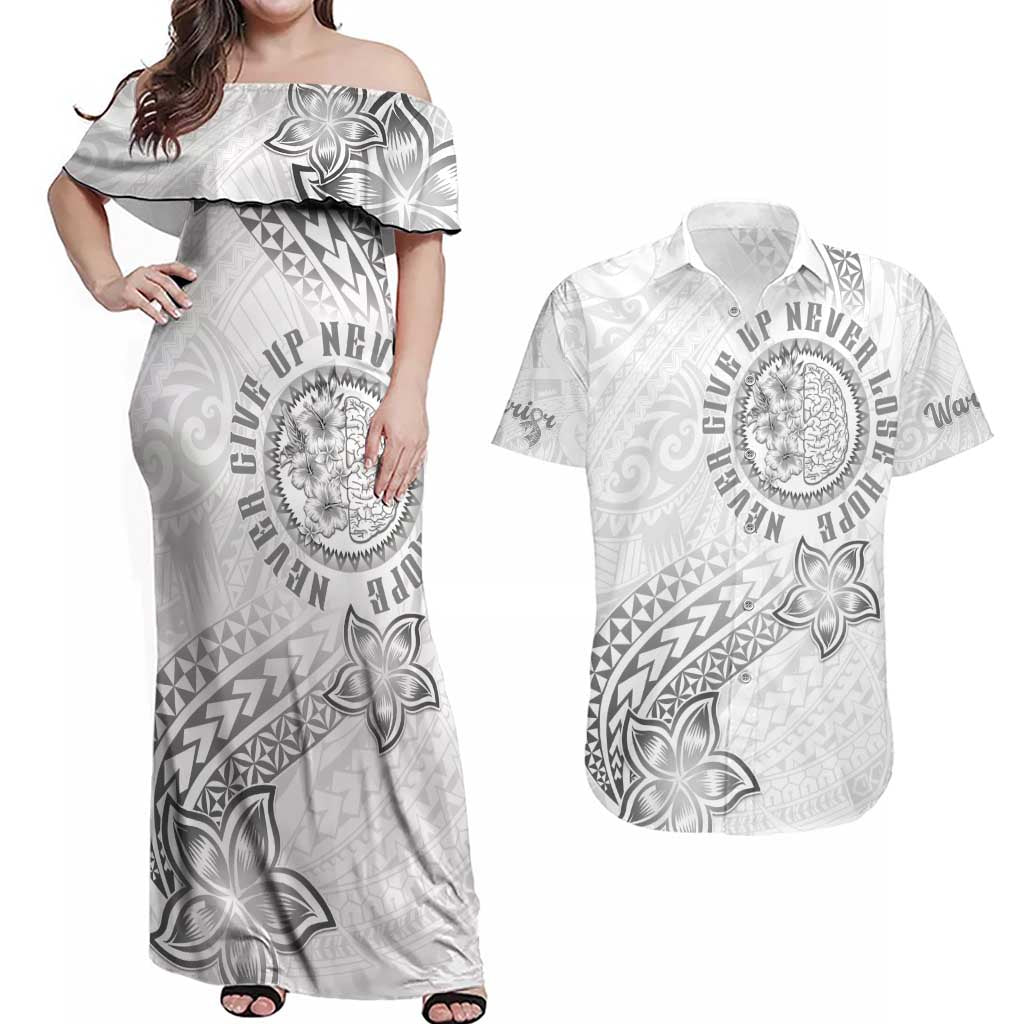 Brain Cancer Warrior Couples Matching Off Shoulder Maxi Dress and Hawaiian Shirt Never Give Up LT05 White - Polynesian Pride