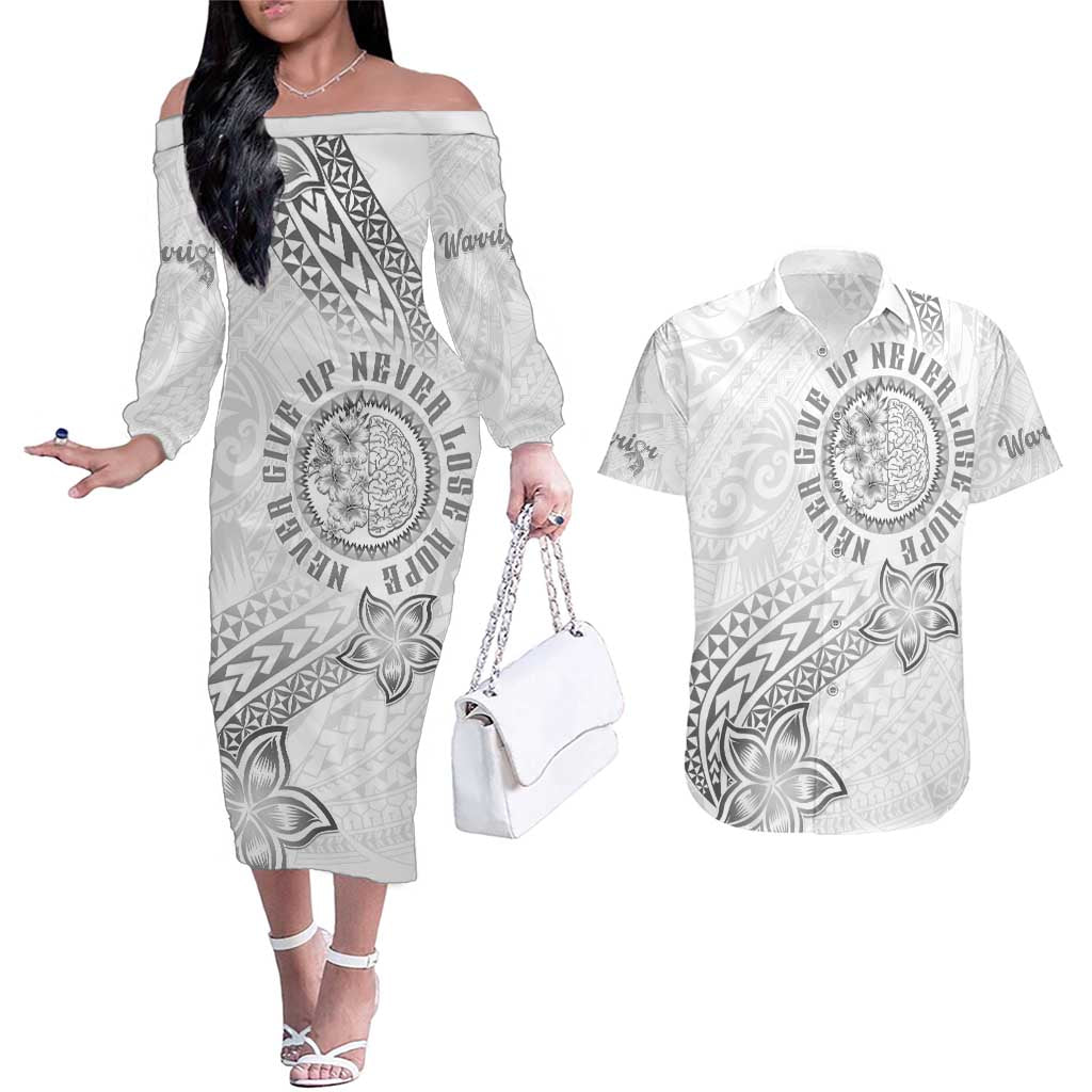 Brain Cancer Warrior Couples Matching Off The Shoulder Long Sleeve Dress and Hawaiian Shirt Never Give Up LT05 White - Polynesian Pride