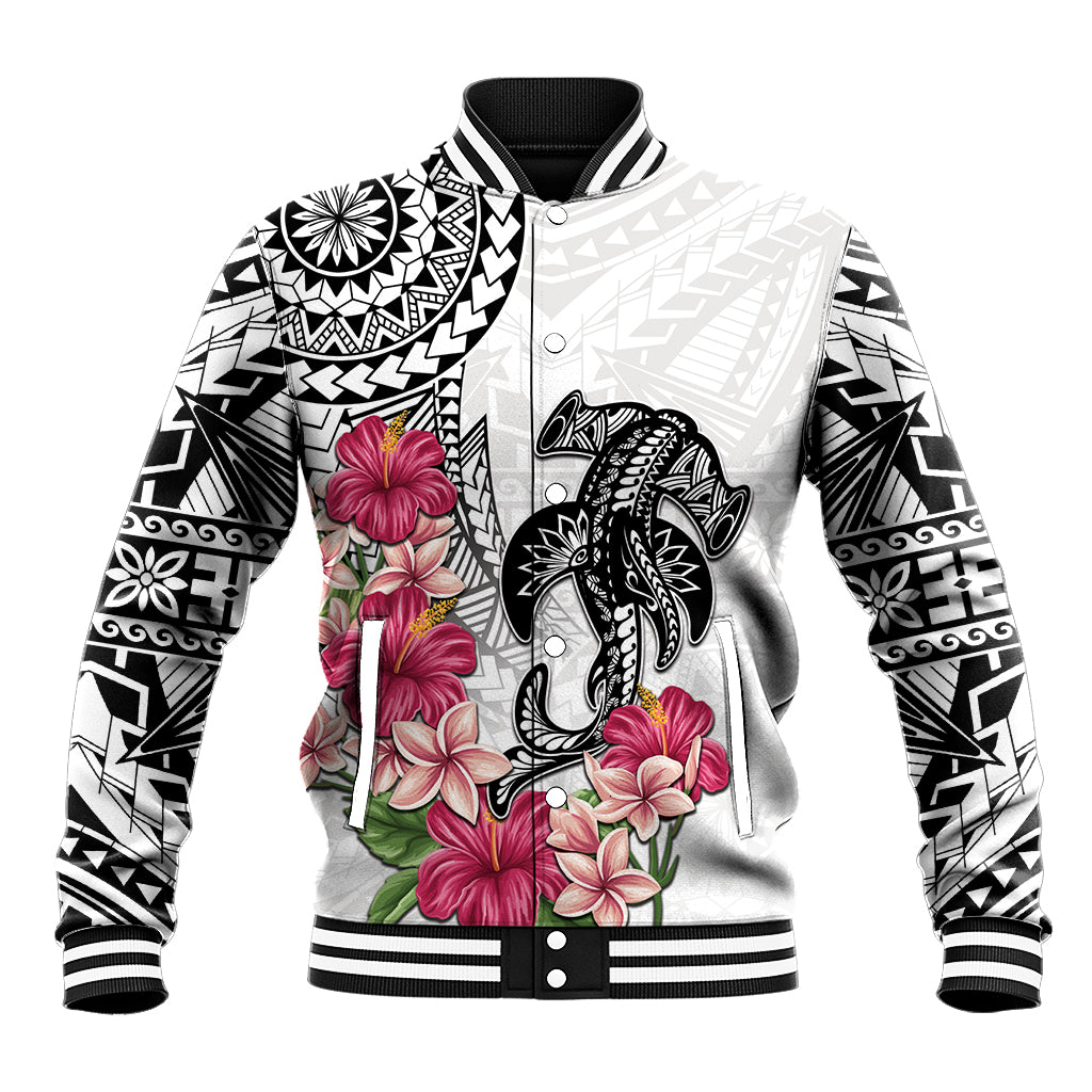 White Polynesian Hammerhead Shark Tribal Pattern Baseball Jacket LT05 Unisex White - Polynesian Pride