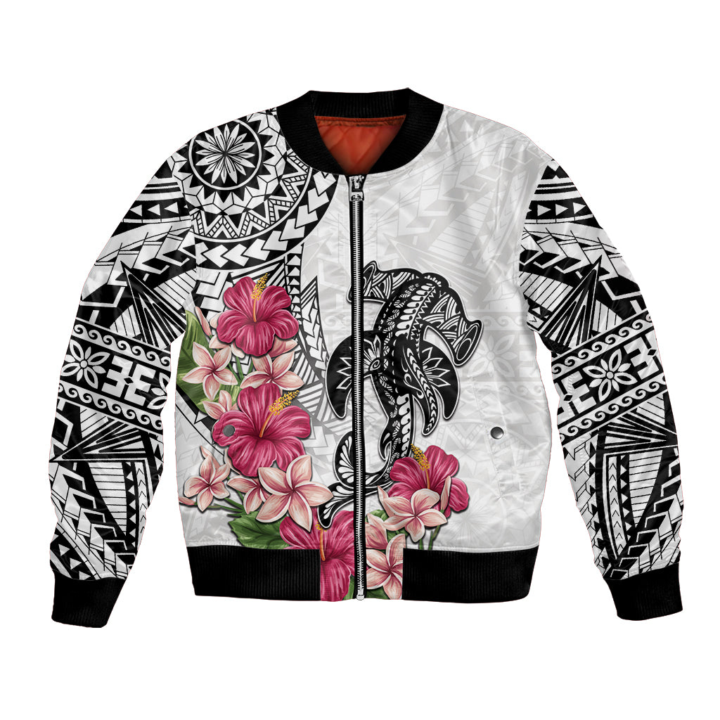White Polynesian Hammerhead Shark Tribal Pattern Bomber Jacket LT05 Unisex White - Polynesian Pride