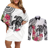 White Polynesian Hammerhead Shark Tribal Pattern Couples Matching Off Shoulder Short Dress and Long Sleeve Button Shirt